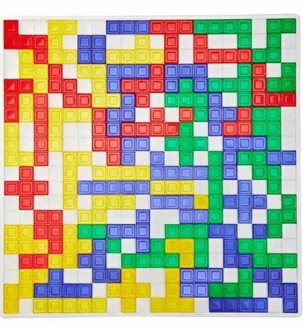 Mattel Blokus board game with colorful geometric pieces laid out on a game table, for fun strategy play with family or friends.