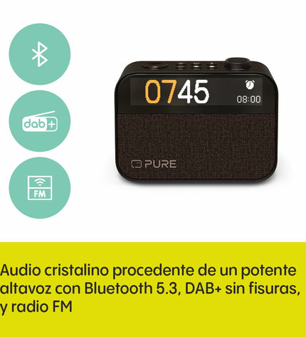 Pure PURE MOMENT radio alarm clock with digital display and sleek modern design, part of electronic audio and hi-fi equipment.