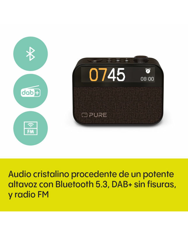 Pure PURE MOMENT radio alarm clock with digital display and sleek modern design, part of electronic audio and hi-fi equipment.