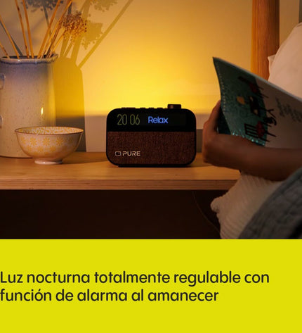 Pure PURE MOMENT radio alarm clock, electronic audio device with digital display and control buttons on front.