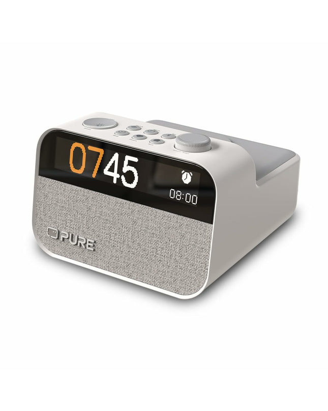 Pure MOMENT radio alarm clock with digital display and sleek black design, featuring buttons on top for easy control.