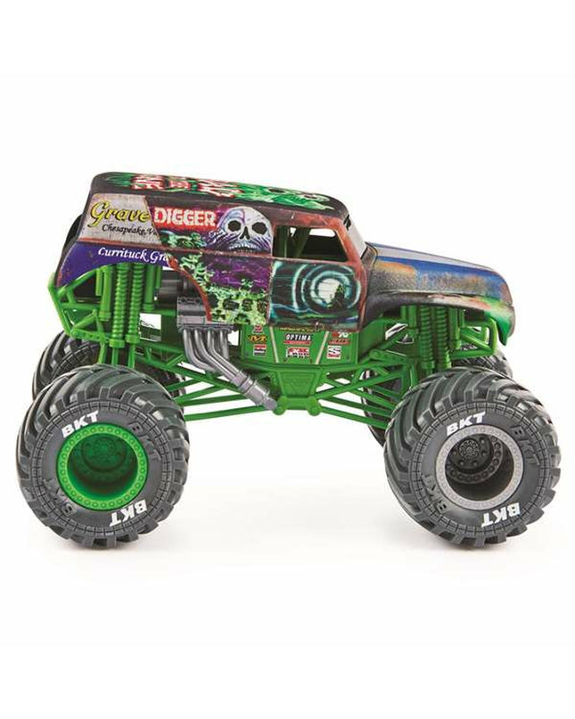 Colorful Monster Jam toy vehicle, 14.92 x 21.27 x 13.65 cm, featuring vibrant multicolored design in a playful scene.