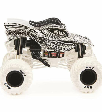 Colorful Monster Jam toy vehicle in multicolour with detailed design, measuring approximately 15 x 21 x 14 cm, for kids' play.