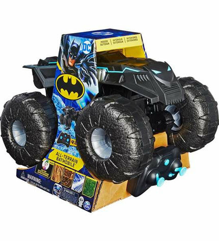 Batman remote control Batmobile toy, all-terrain vehicle with police-themed design, featuring detailed Batman branding and rugged wheels.