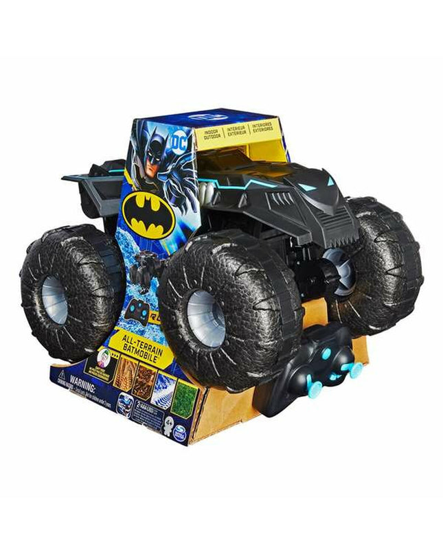 Batman remote control Batmobile toy, all-terrain vehicle with police-themed design, featuring detailed Batman branding and rugged wheels.