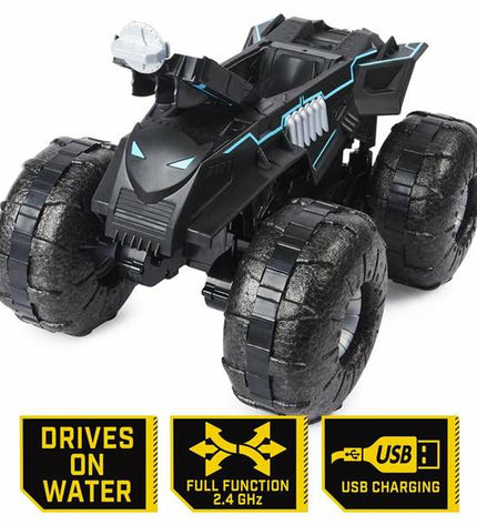 Batman remote control Batmobile toy, all-terrain police vehicle with Batman branding, designed for kids' play and imaginative adventures.