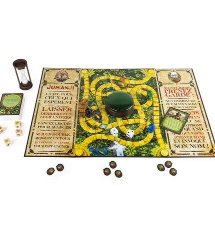 Spin Master Jumanji board game in French, featuring colorful game components and vibrant box art for family fun.