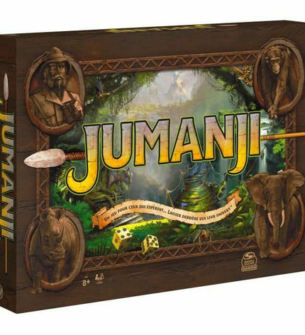 Spin Master Jumanji board game in French with colorful game components and illustrated game board for family play.