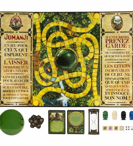 Spin Master Jumanji board game in French, featuring colorful game components and illustrated game board for family play.