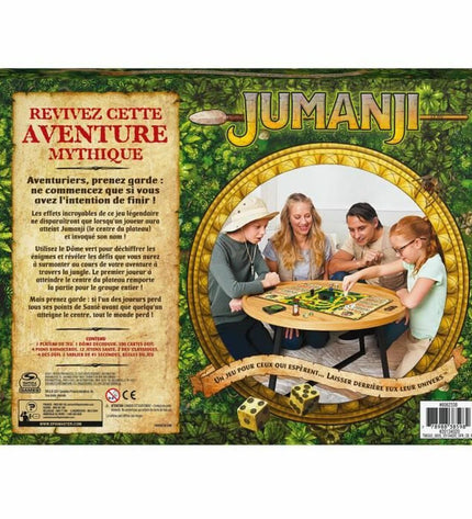 Spin Master Jumanji board game in French, featuring colorful game components and vibrant game board for family play.