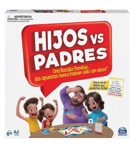 Spin Master Hijos vs Padres board game with 206 game pieces, colorful components, and playing area in a compact box.