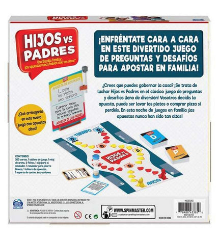 Spin Master Hijos vs Padres board game with 206 pieces, colorful game components, measuring 26.99 x 26.99 x 5.4 cm, for kids and families.