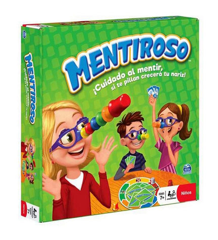 Spin Master Mentiroso board game with 29 pieces, displayed on a table, featuring colorful game components and instructions.