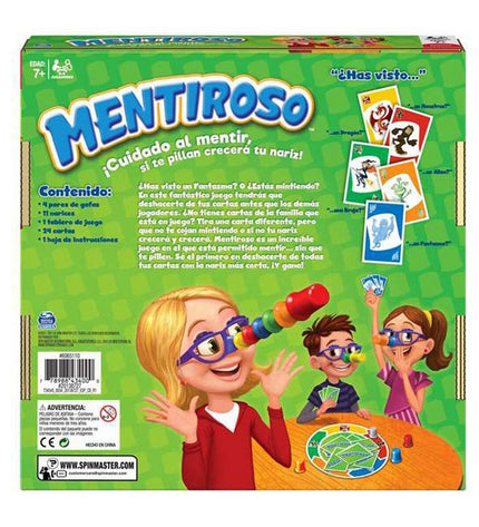 Spin Master Mentiroso board game with 29 pieces, featuring colorful components and compact dimensions for family fun.
