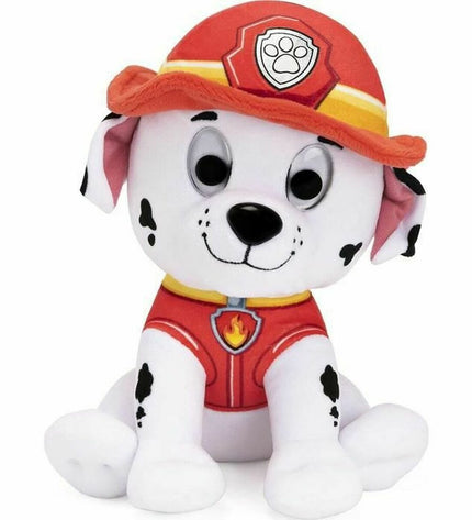 Soft plush Marshall toy from The Paw Patrol, featuring a plastic figure, ideal for children's cuddly play and imaginative fun.