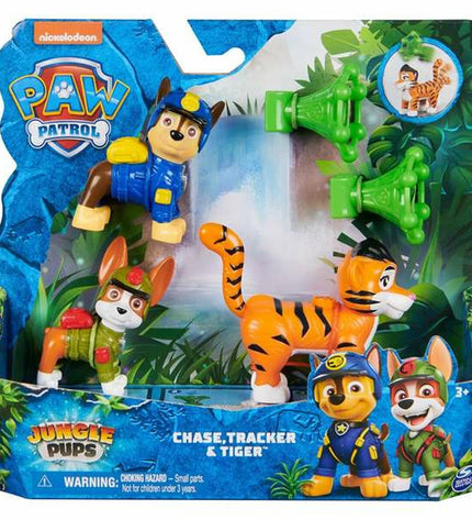 Playset of four Paw Patrol jungle-themed toys, including action figures and accessories, in vibrant colors and detailed design.