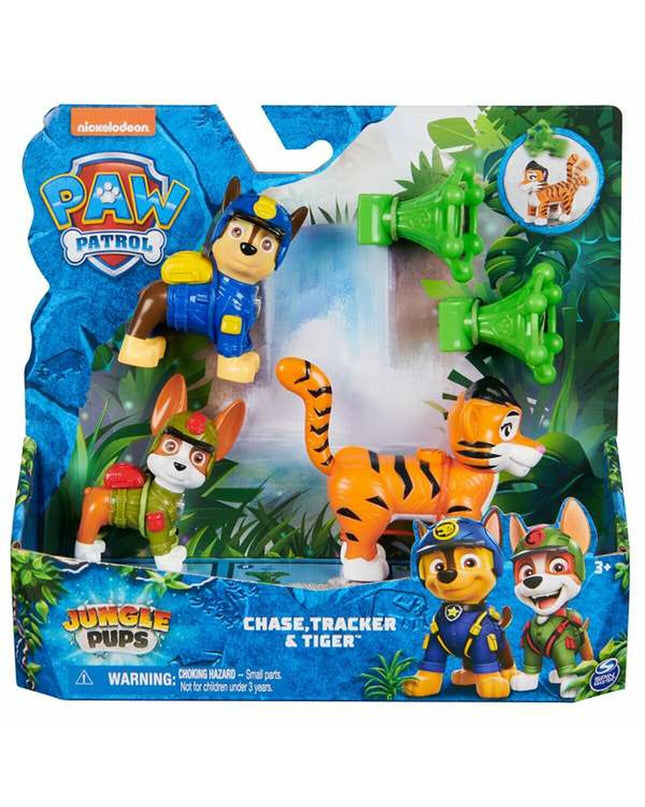 Playset of four Paw Patrol jungle-themed toys, including action figures and accessories, in vibrant colors and detailed design.