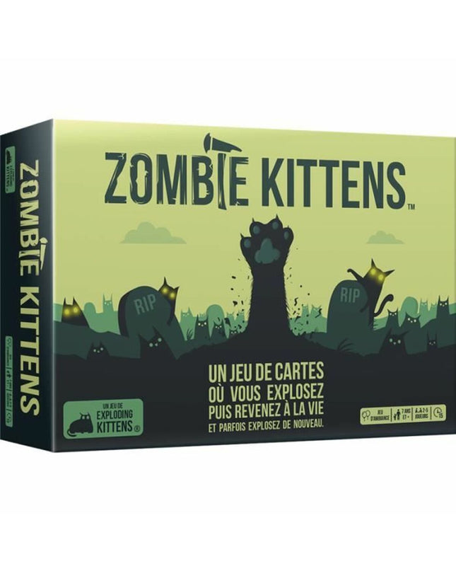 Asmodee Zombie Kittens board game with colorful cartoon cats and game components on a table.