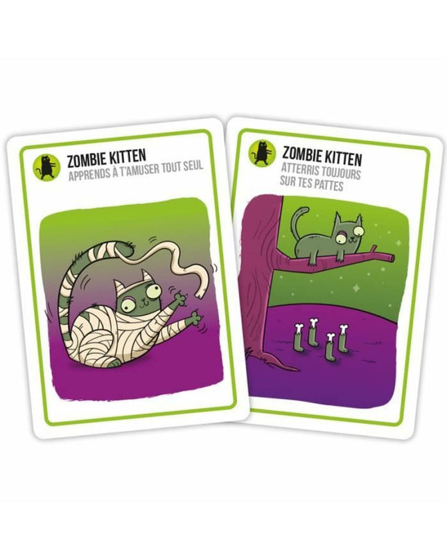 Asmodee Zombie Kittens board game with colorful cards and game pieces laid out on a table for fun family play.
