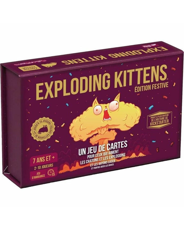 Exploding Kittens Festive Edition card game by Asmodee featuring colorful illustrated cards and festive holiday-themed artwork.