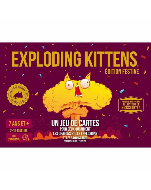 Exploding Kittens Festive Edition card game by Asmodee, featuring colorful illustrated cards and festive holiday-themed artwork.