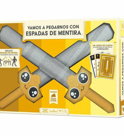 Asmodee Vamos a pegarnos con espadas de mentira toy game featuring colorful plastic swords for pretend sword fights.