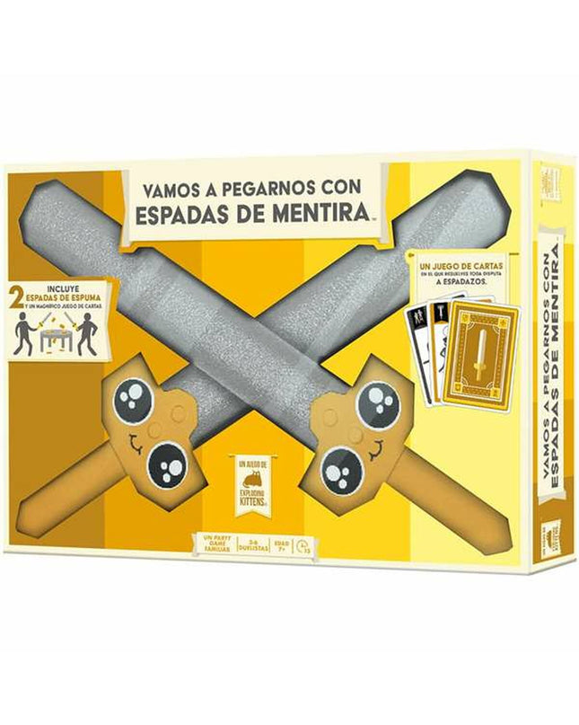 Asmodee Vamos a pegarnos con espadas de mentira toy game featuring colorful plastic swords for pretend sword fights.