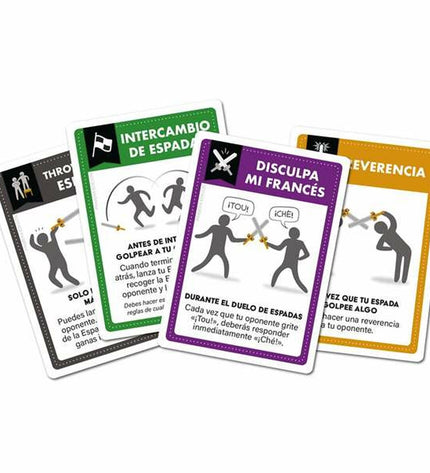 Asmodee Vamos a pegarnos con espadas de mentira toy game featuring colorful plastic swords and game pieces for kids.