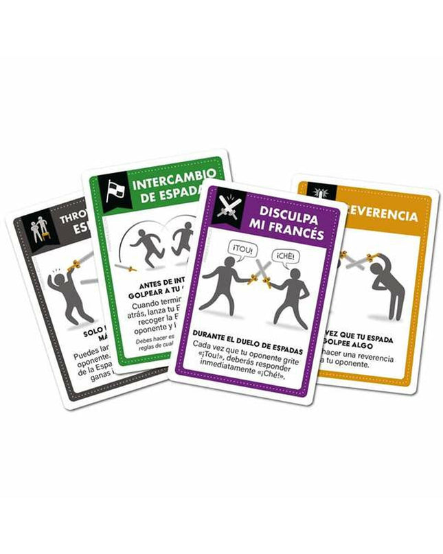 Asmodee Vamos a pegarnos con espadas de mentira toy game featuring colorful plastic swords and game pieces for kids.