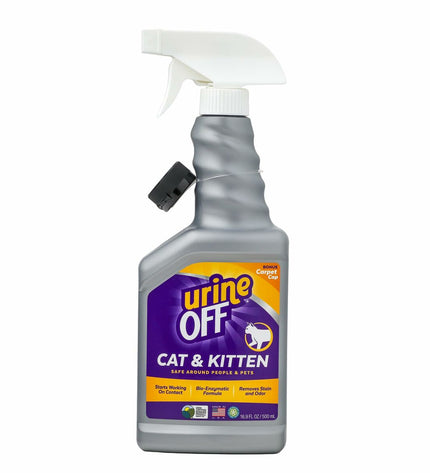 Urine Off cleaning spray for cats, 500 ml, in a plastic bottle with a spray nozzle, designed to eliminate pet urine odors.