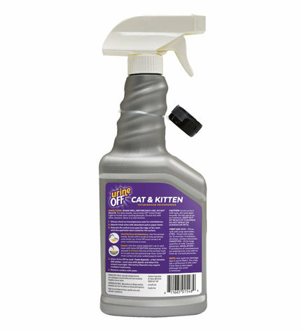 Urine Off cat stain and odor remover in 500 ml bottle, suitable for cleaning pet urine and stains from carpets and furniture.