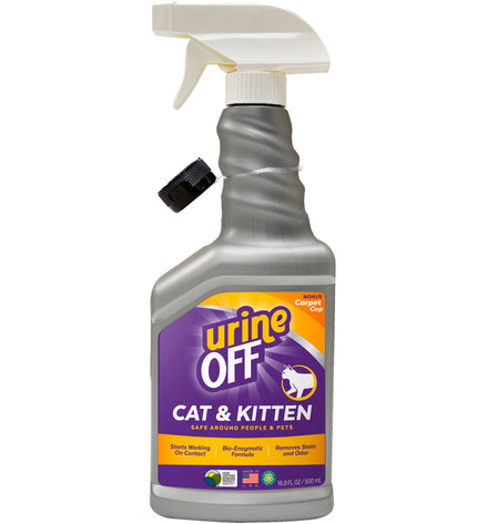 Urine Off cat urine remover in a 500 ml bottle, designed for cleaning pet urine stains and odors from carpets and furniture.