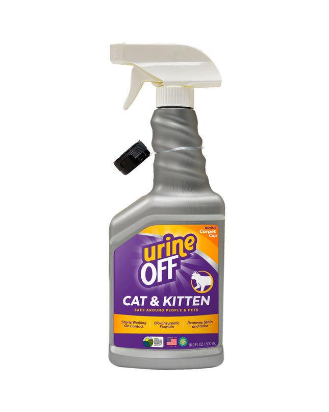 Urine Off cat urine remover in a 500 ml bottle, designed for cleaning pet urine stains and odors from carpets and furniture.