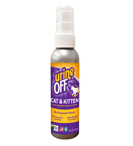 Urine Off cat litter box deodorizer spray bottle for removing cat urine stains and odors from surfaces.