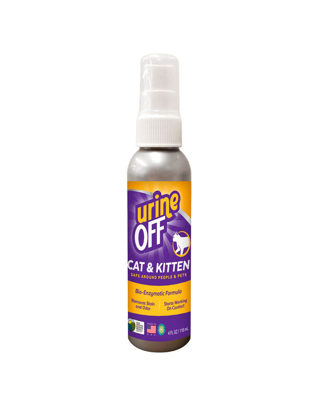 Urine Off cat litter box deodorizer spray bottle for removing cat urine stains and odors from surfaces.