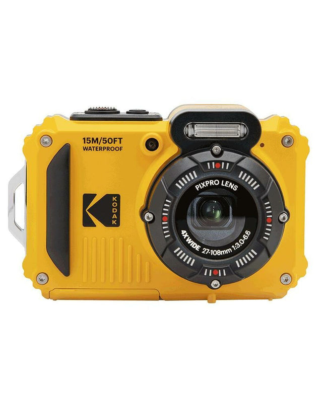 Kodak WPZ2WH yellow digital camera with 16 MP lens, compact design, suitable for photography and videos.