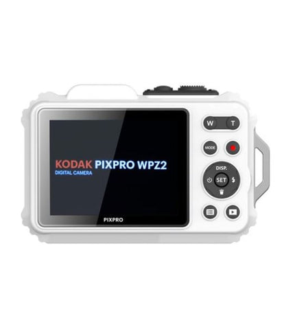 Kodak WPZ2 digital camera with rugged design, black body, lens, and control buttons, suitable for photography and videography.