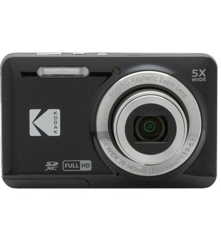 Kodak FZ55 digital camera with lens and grip, showcasing compact design for photography and videography.
