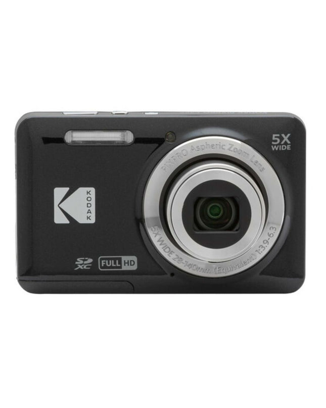 Kodak FZ55 digital camera with lens and grip, showcasing compact design for photography and videography.
