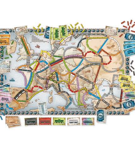 Asmodee The Adventurers of Rail Europe board game with colorful game components and illustrated game board.