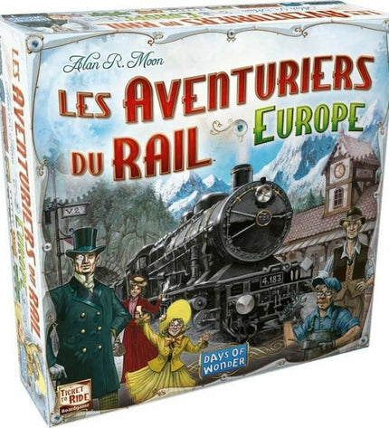 Asmodee The Adventurers of Rail Europe board game with colorful game box and playing pieces for family fun and strategic gameplay.