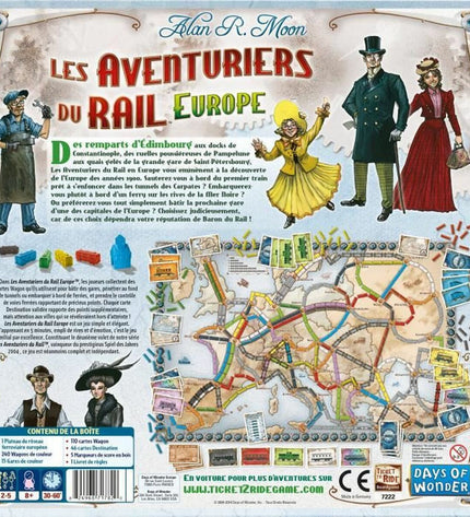 Asmodee The Adventurers of Rail Europe board game with colorful game pieces and illustrated game board for family fun.