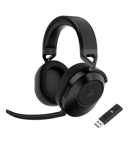 Corsair HS65 gaming headset with microphone, electronic plug-and-play headset for consoles, shown in black with cushioned ear cups.