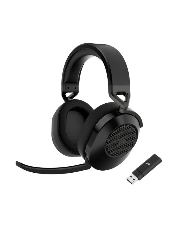 Corsair HS65 gaming headset with microphone, electronic plug-and-play headset for consoles, shown in black with cushioned ear cups.