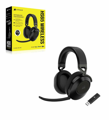 Corsair HS65 gaming headset with microphone, black electronic headset designed for plug-and-play game consoles and PC gaming.