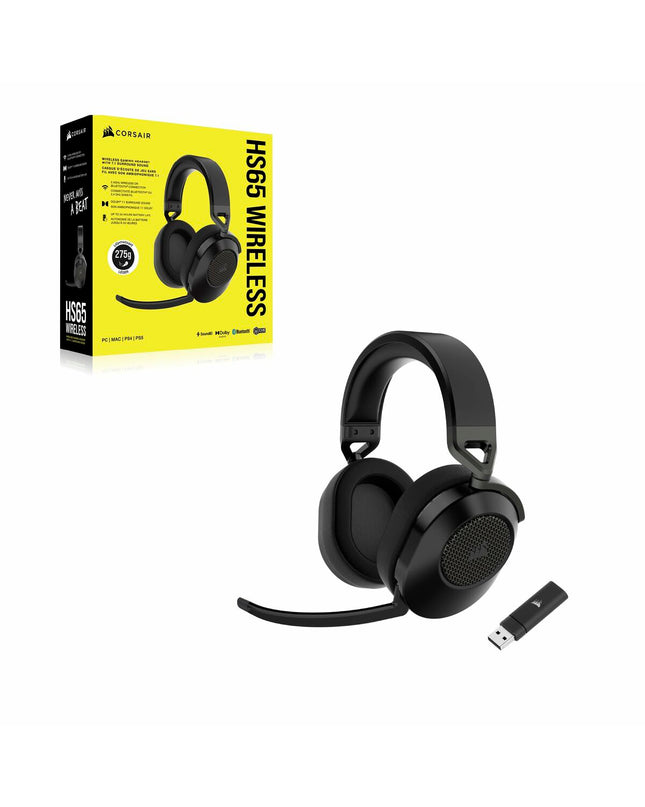 Corsair HS65 gaming headset with microphone, black electronic headset designed for plug-and-play game consoles and PC gaming.