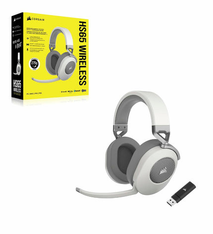 Corsair HS65 gaming headset with microphone, black electronic headset for plug-and-play consoles, visible with padded ear cups and mic boom.