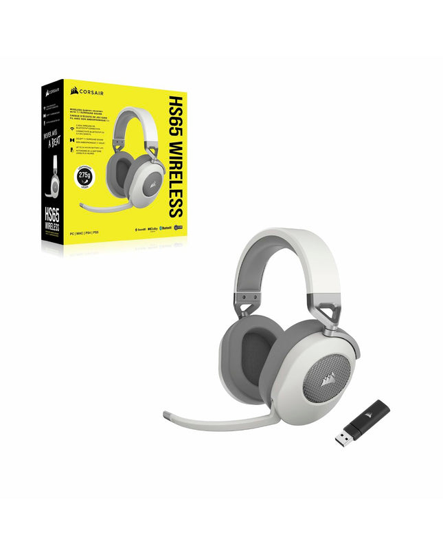 Corsair HS65 gaming headset with microphone, black electronic headset for plug-and-play consoles, visible with padded ear cups and mic boom.
