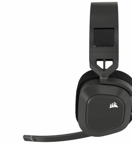 Corsair HS80 MAX gaming headset with microphone, electronic plug-and-play design for consoles, black over-ear headphones with adjustable headband.