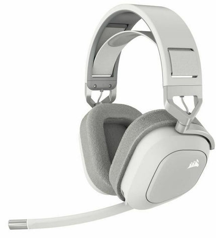 Corsair HS80 MAX gaming headset with microphone, black over-ear design, connected to gaming consoles, featuring plush ear cushions.